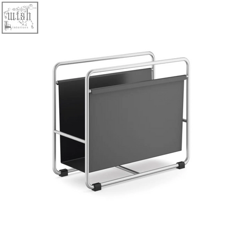 Modern zack mecor magazine rack with sleek stainless steel frame and dark gray fabric panels for stylish storage
