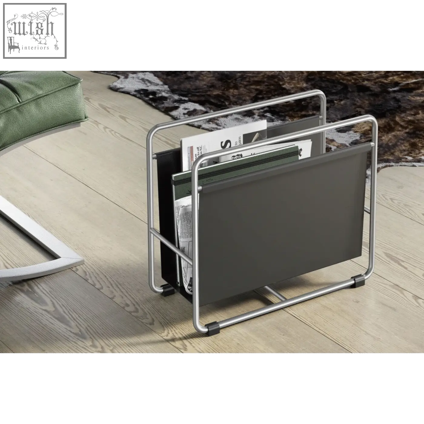 Zack Mecor sophisticated black magazine rack with sleek stainless steel frame and dark gray panel holding magazines