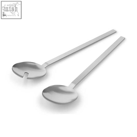 A sleek pair of zack menoa brushed stainless steel salad servers with long handles and polished metallic finish