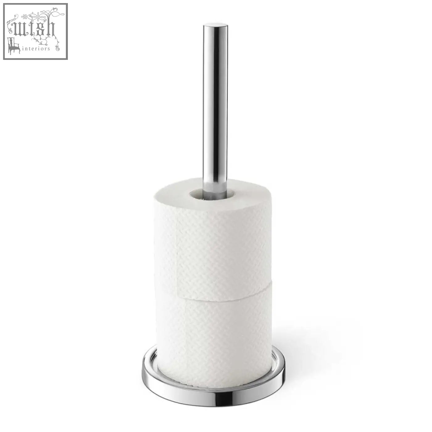 Chrome finished zack mimo stainless steel spare toilet roll holder with sleek cylindrical design holding two white rolls