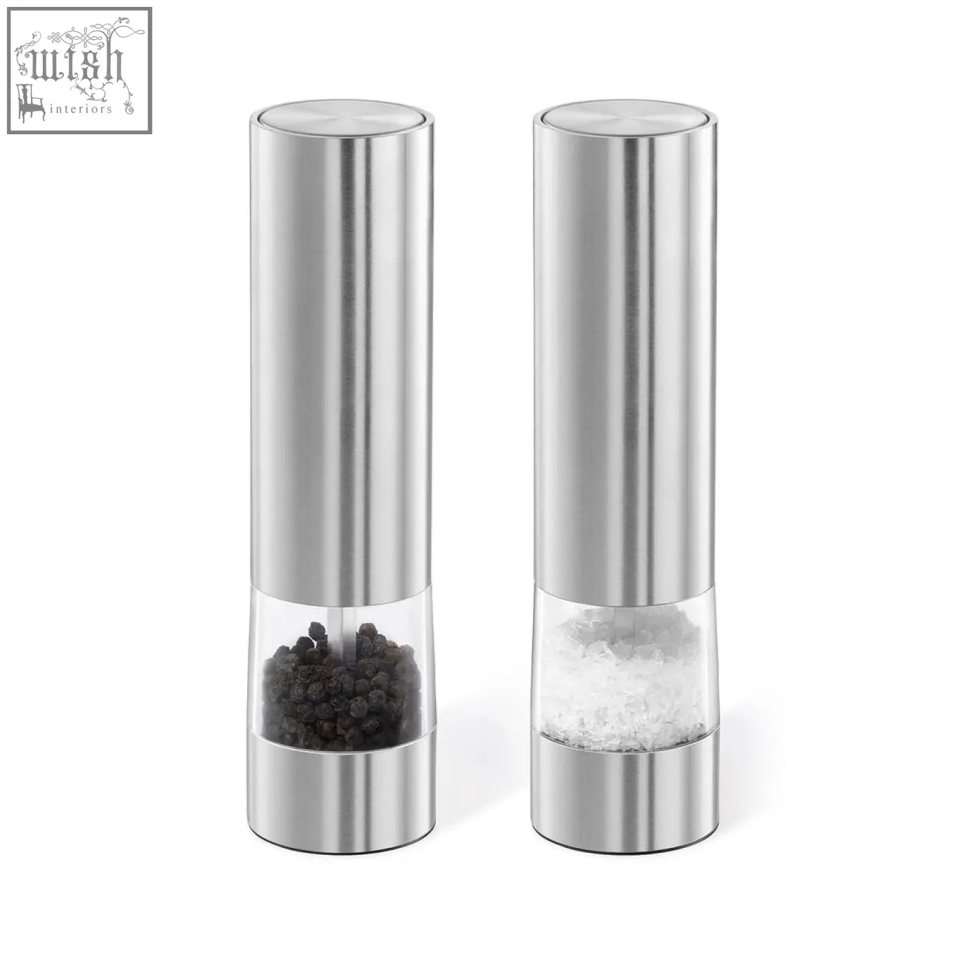 Stainless steel monino electric pepper and salt grinder set with clear glass sections and brushed finish