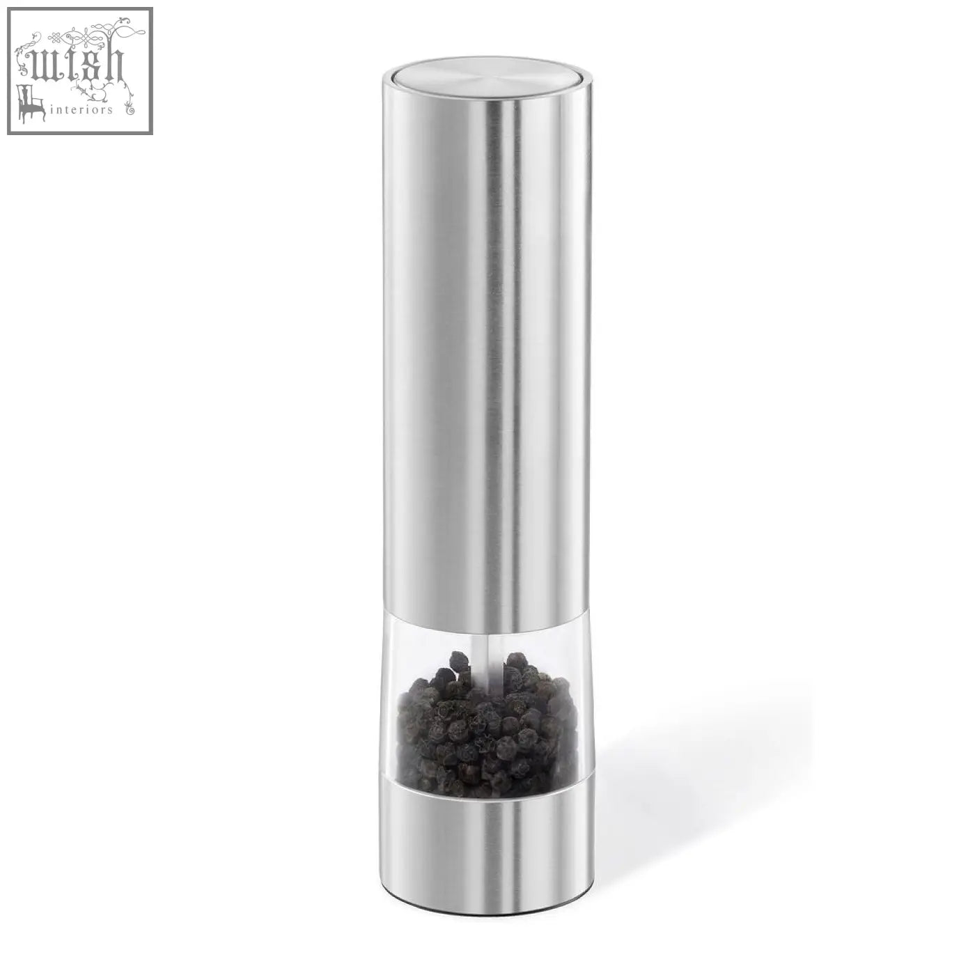 Zack Monino electric pepper mill in brushed stainless steel with clear glass showing black peppercorns inside