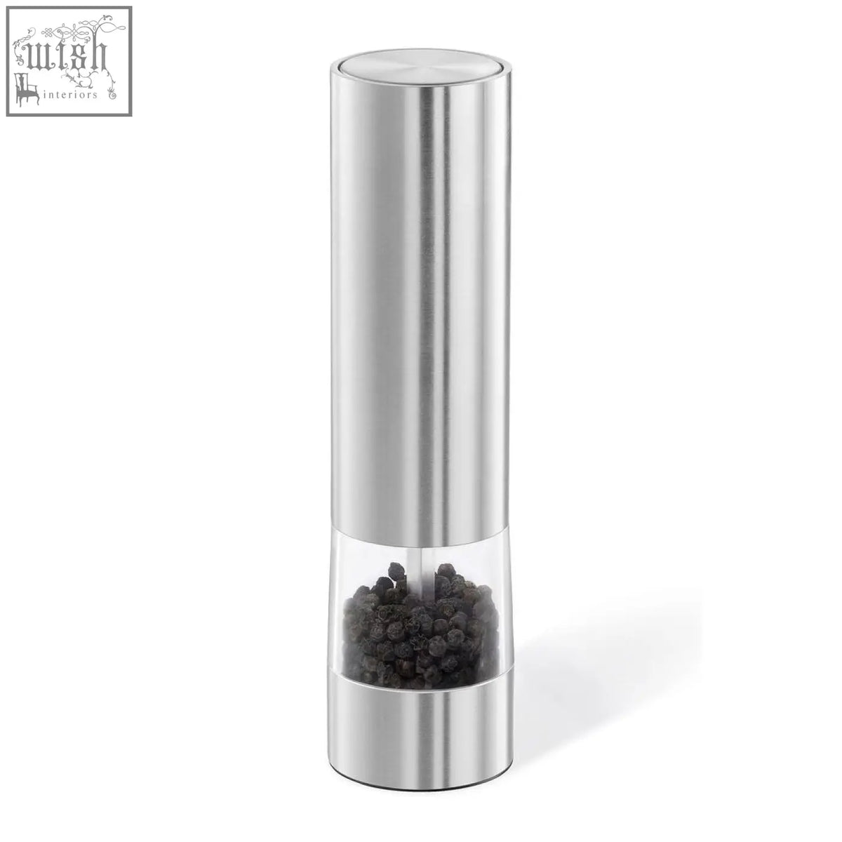Zack Monino electric pepper mill in brushed stainless steel with clear glass showing black peppercorns inside
