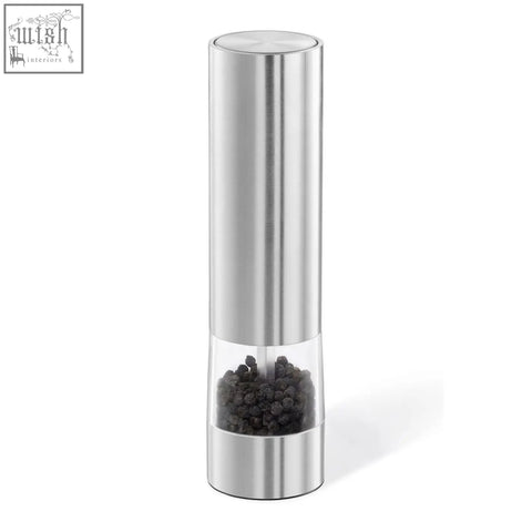 Zack Monino electric pepper mill in brushed stainless steel with clear glass showing black peppercorns inside