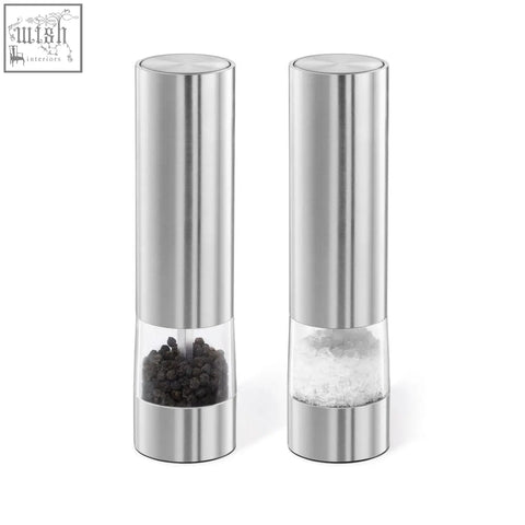 Zack Monino premium stainless steel electric salt spice grinder set with clear glass sections for easy use