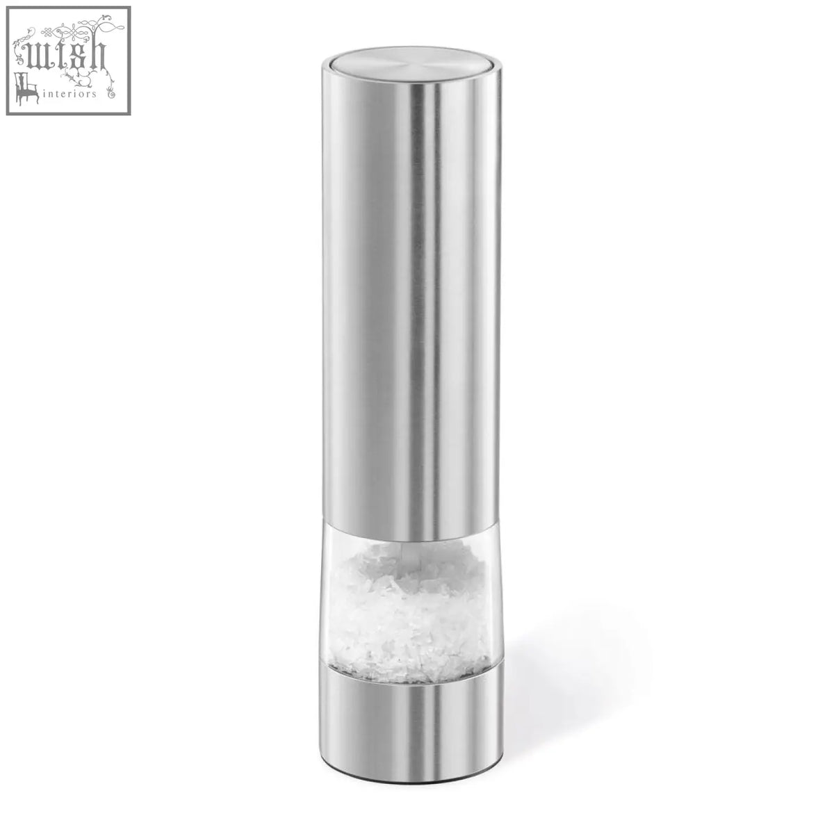 Zack Monino premium stainless steel electric salt spice mill with clear glass showing white crystalline salt