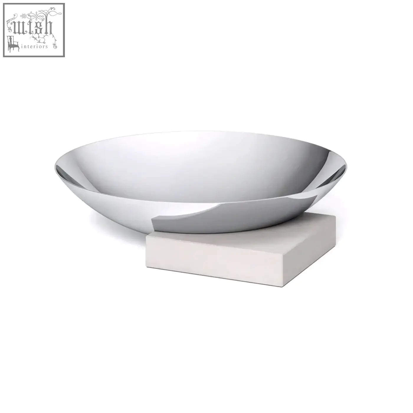A sleek silver montor bowl made of polished stainless steel with smooth reflective surface and curved edges