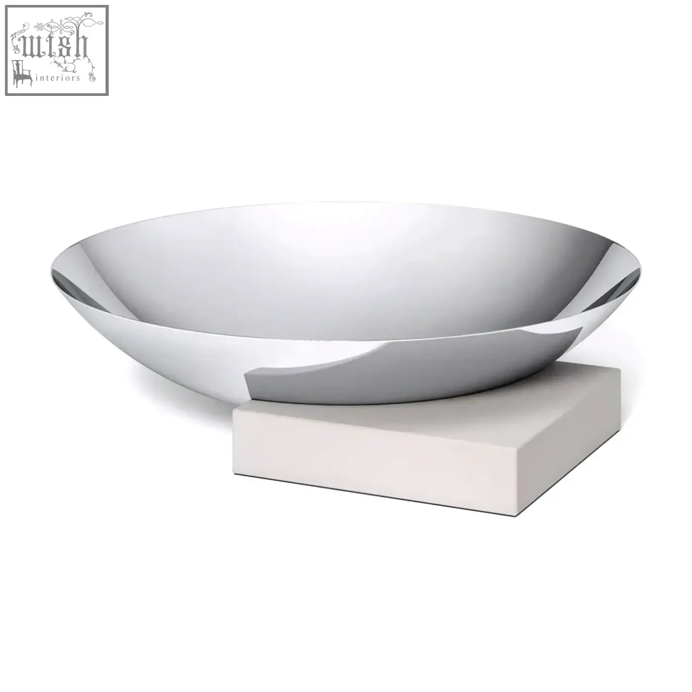 A sleek modern montor bowl made of polished stainless steel with smooth reflective surface and curved edges