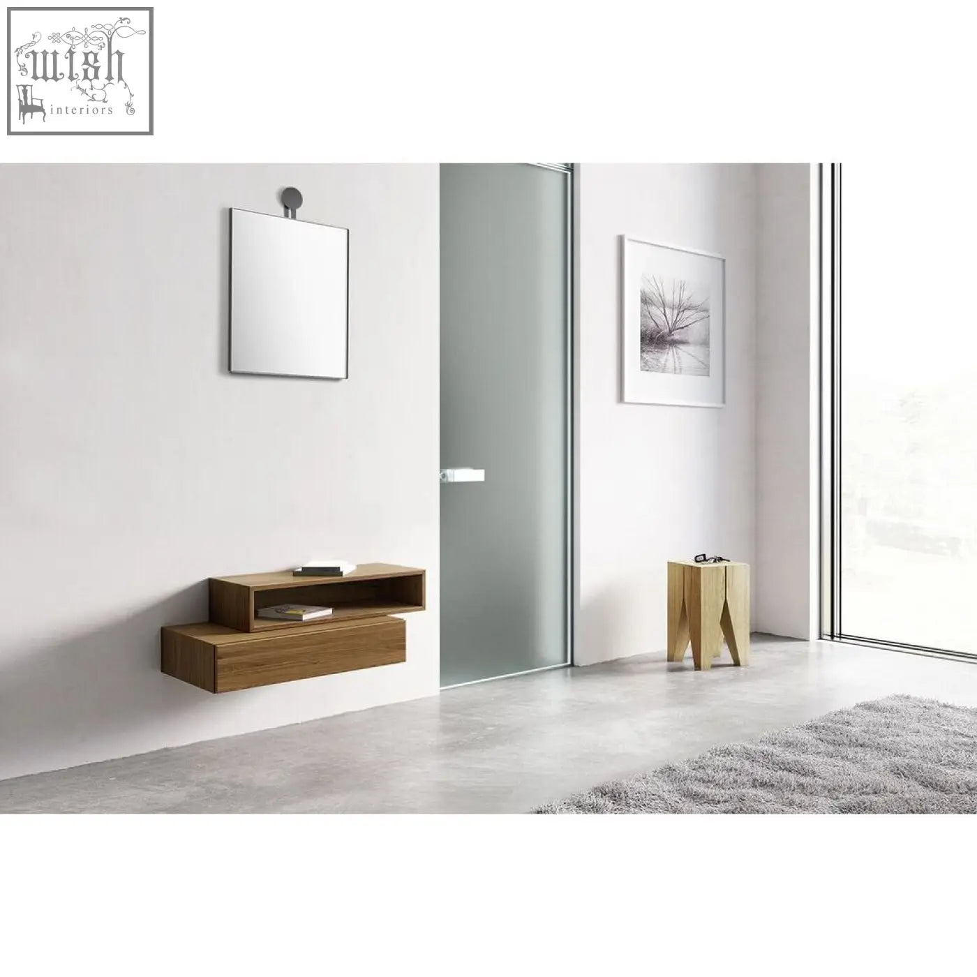 Modern floating wooden shelf with warm natural finish pairs perfectly with zack morma black wall mirror steel frame