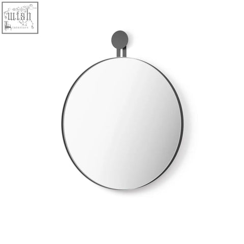 Zack morma premium black wall mirror with a sleek circular frame and matte gray hanging fixture perfect for modern walls
