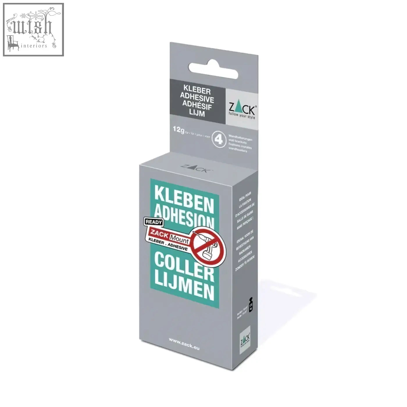 Gray cardboard package of zack mount adhesive in teal and white for drill-free zack bathroom accessories fitting