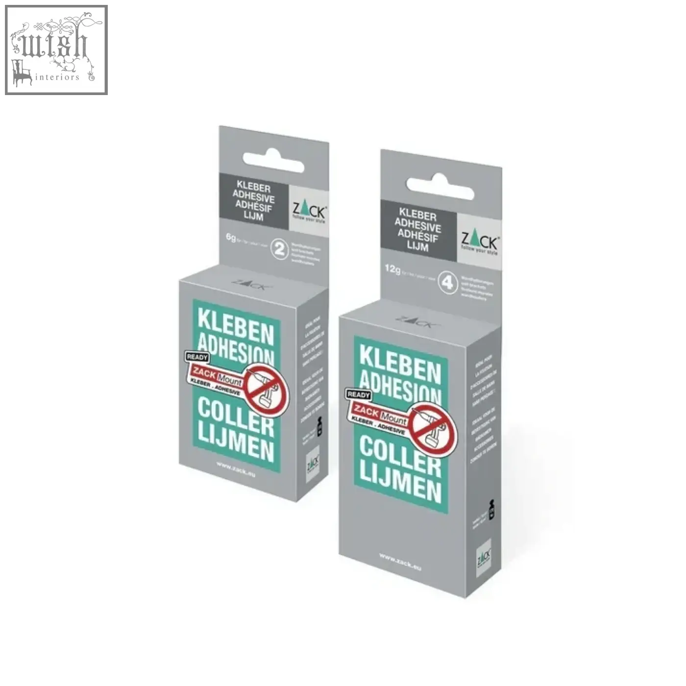 Gray cardboard packaging for zack mount adhesive tape with teal white text red ready logo for zack bathroom accessories