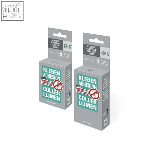 Gray cardboard packaging for zack mount adhesive tape with teal white text red ready logo for zack bathroom accessories