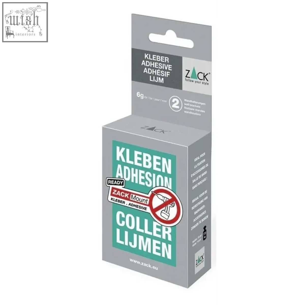 Gray cardboard package of zack mount adhesive with kleben adhesion label for drill-free zack bathroom accessories fitting