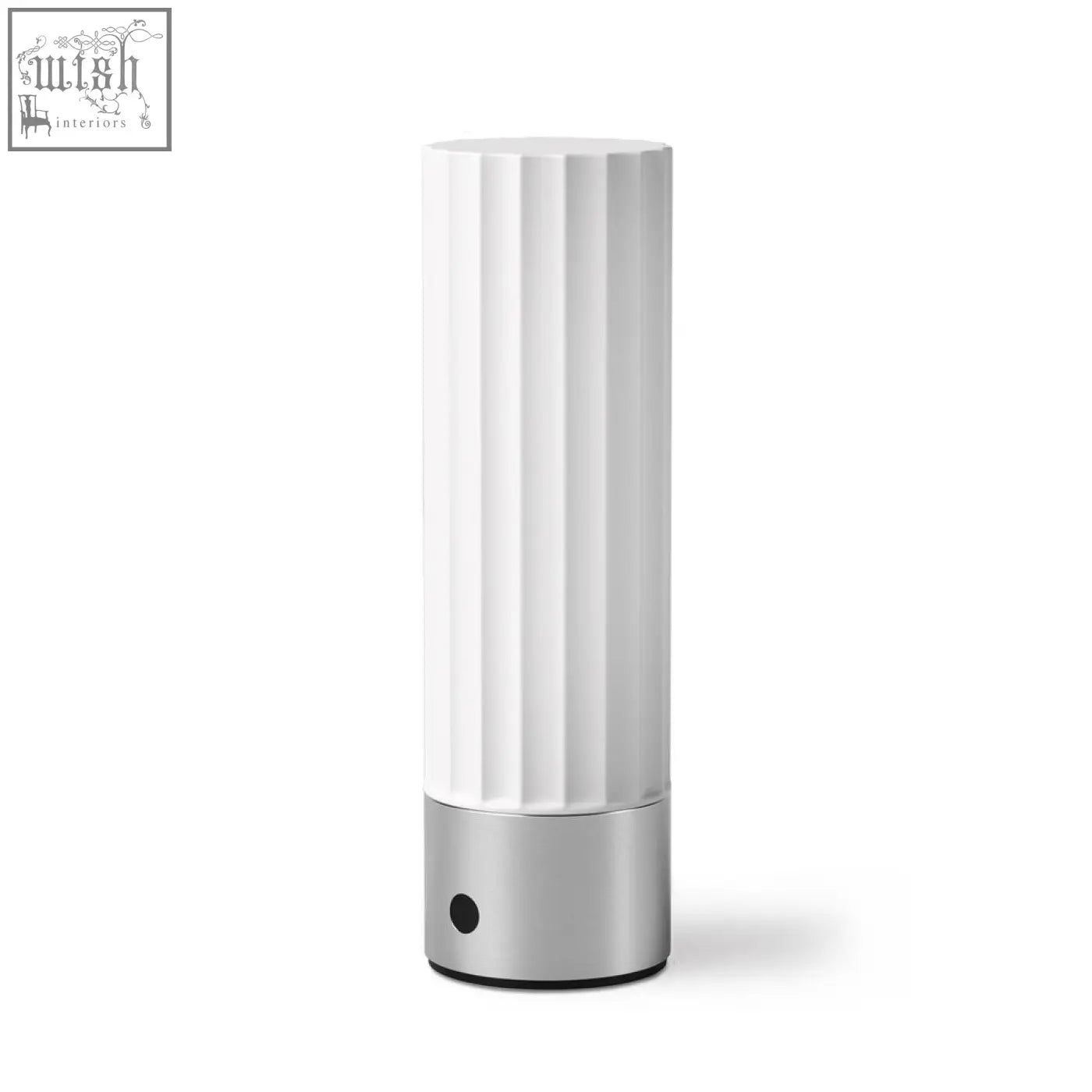 Zack Myna rechargeable led table lamp with white cylindrical ridged shade and brushed steel base for stylish lighting
