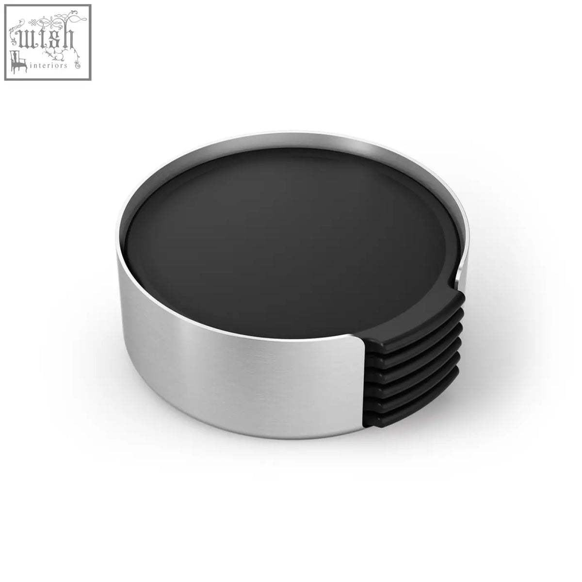 Black coasters in a sleek silver-toned brushed stainless steel holder from the zack norta 6 piece coaster set