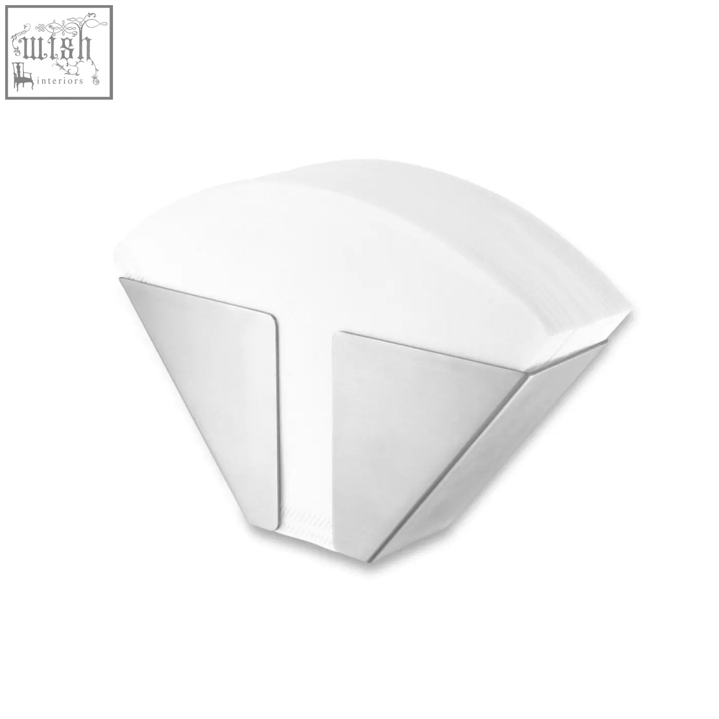 A white geometrically faceted coffee dripper with sleek matt brushed stainless steel finish from zack nuno