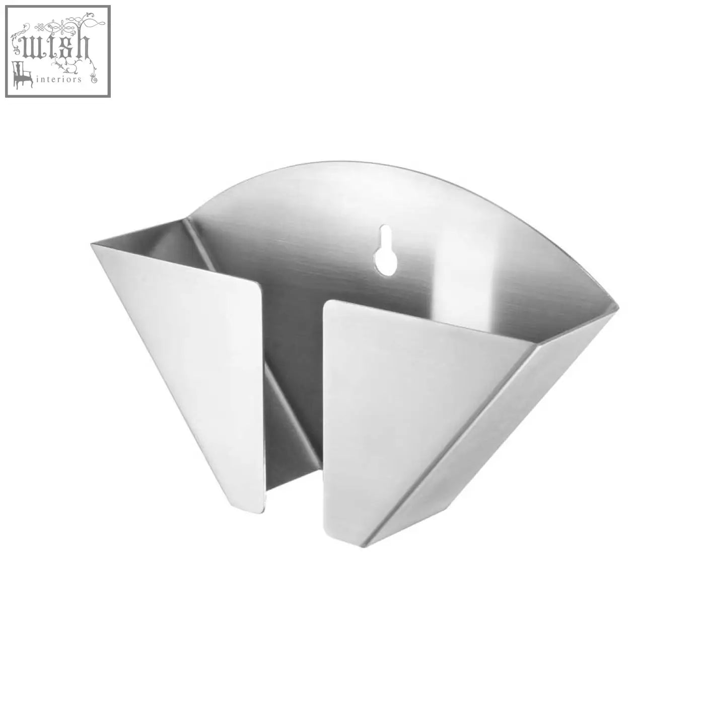 Stainless steel wall-mounted fruit basket with sleek angular design and keyhole mounting hole in matt brushed finish