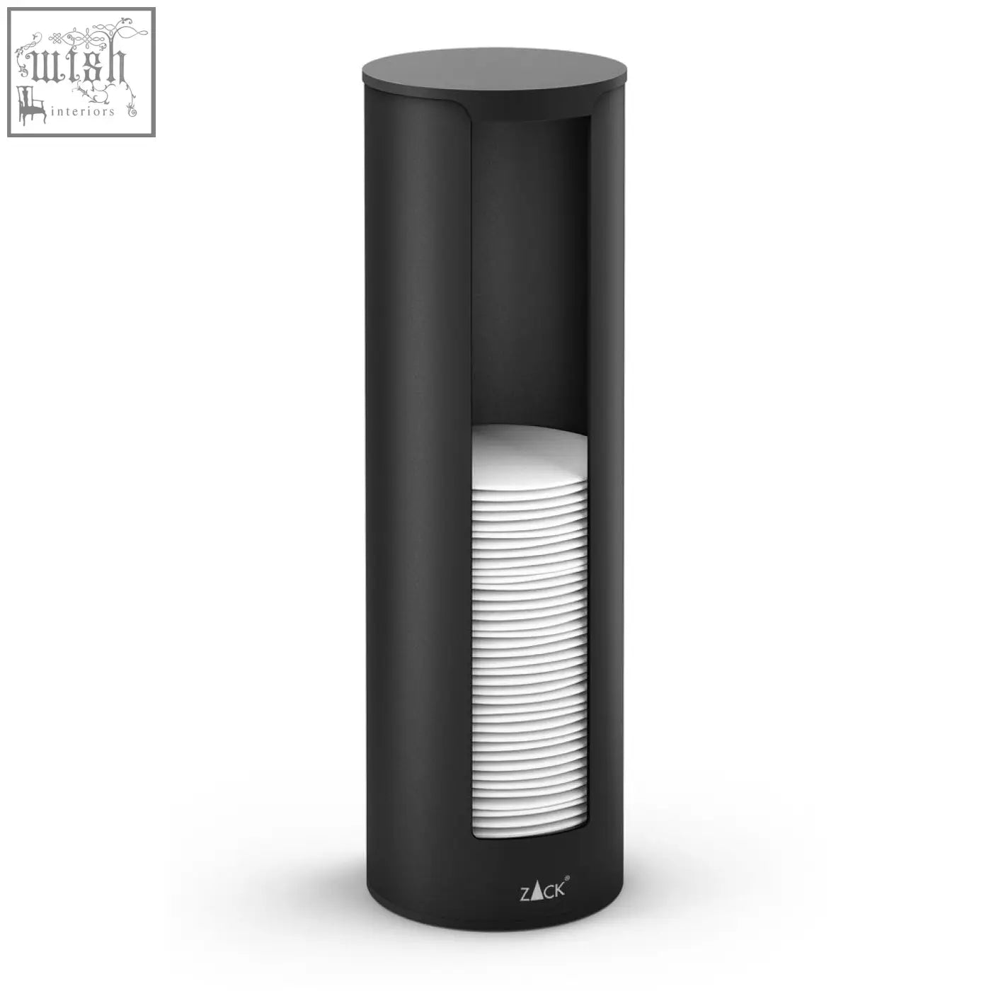 Black cylindrical zack olomo cotton pad dispenser with transparent side panel showing neatly stacked white cotton pads