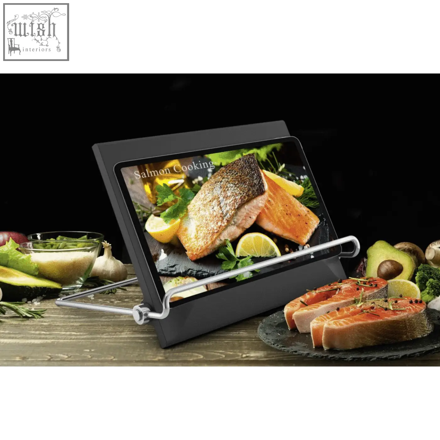 Black zack pacene cookbook tablet stand with silver metal arms holding screen showing salmon cooking instructions