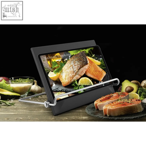 Black zack pacene cookbook tablet stand with silver metal arms holding screen showing salmon cooking instructions
