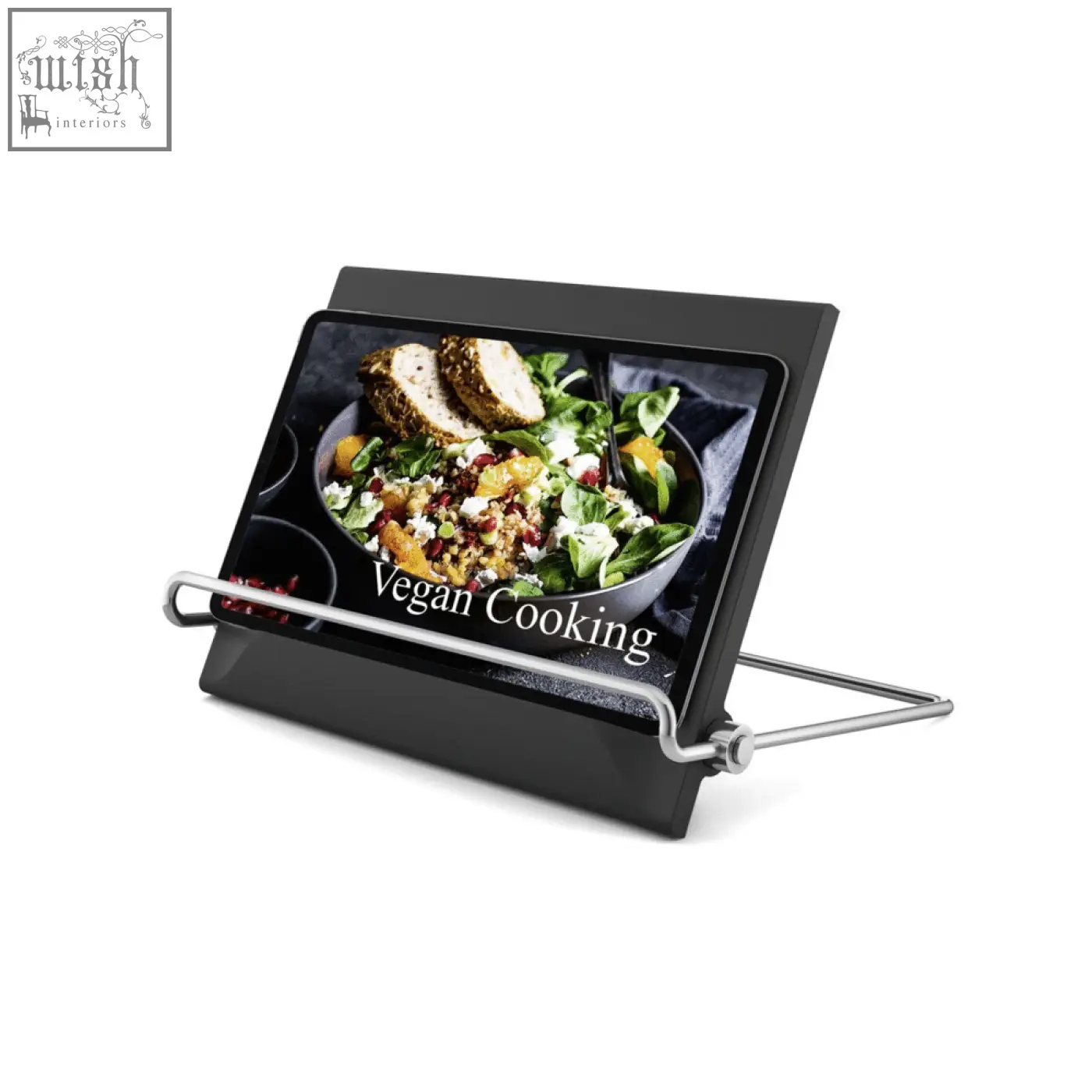 Black pacene cookbook tablet stand with sleek minimalist design and silver metal support arms for kitchen use