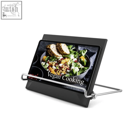 Black pacene cookbook tablet stand with sleek minimalist design and silver metal support arms for kitchen use