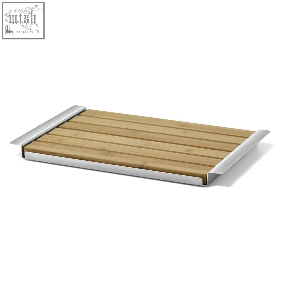 Rectangular panas breadboard with oiled bamboo slats and brushed stainless steel edges in light brown and silver