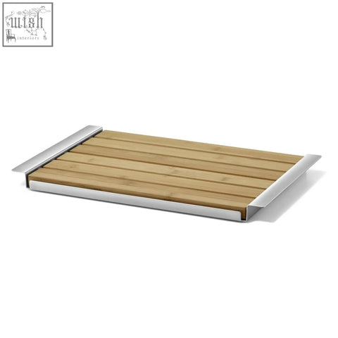 Rectangular panas breadboard with oiled bamboo slats and brushed stainless steel edges in light brown and silver
