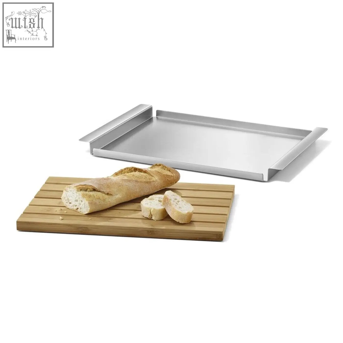 Rectangular stainless steel baking tray with raised edges and modern design from zack panas breadboard set with oiled bamboo