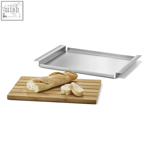 Rectangular stainless steel baking tray with raised edges and modern design from zack panas breadboard set with oiled bamboo
