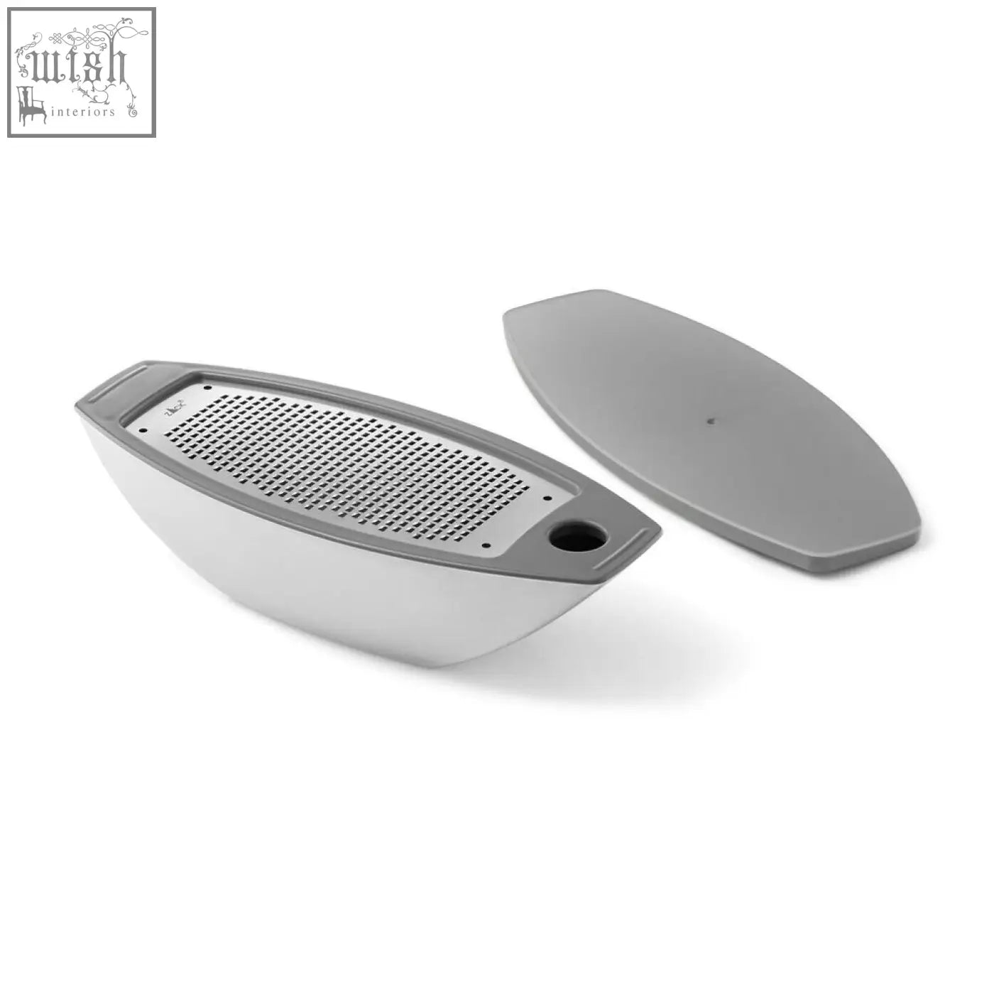 Gray and white zack parna cheese grater with stainless steel perforated surface for shredding and zesting cheese