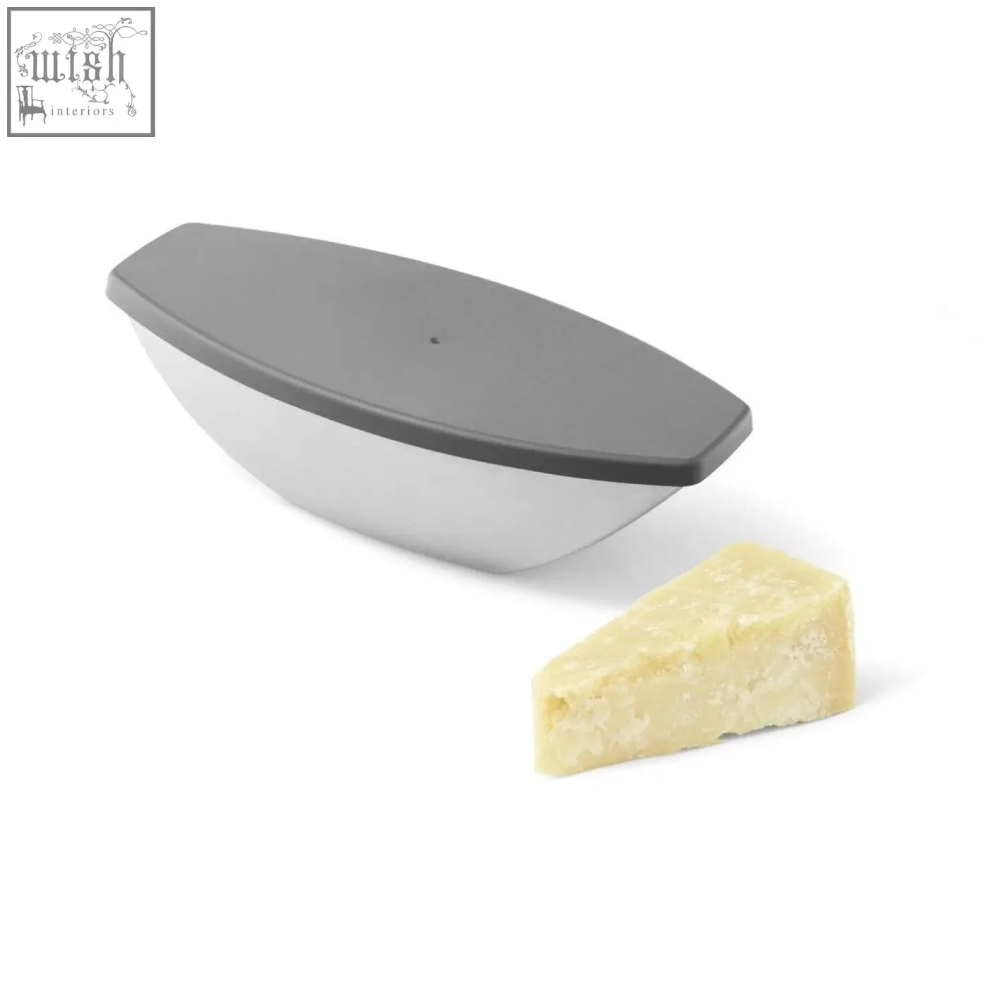 Gray and white boat-shaped stainless steel cheese keeper with matching lid for zack parna premium cheese grater 267g