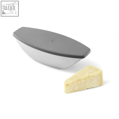 Gray and white boat-shaped stainless steel cheese keeper with matching lid for zack parna premium cheese grater 267g