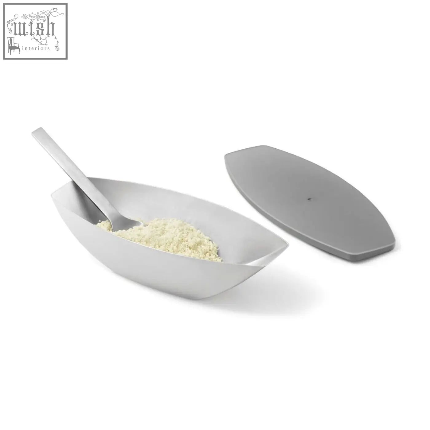 Gray ceramic boat spice dish with lid and spoon paired with zack parna stainless steel cheese grater product setup
