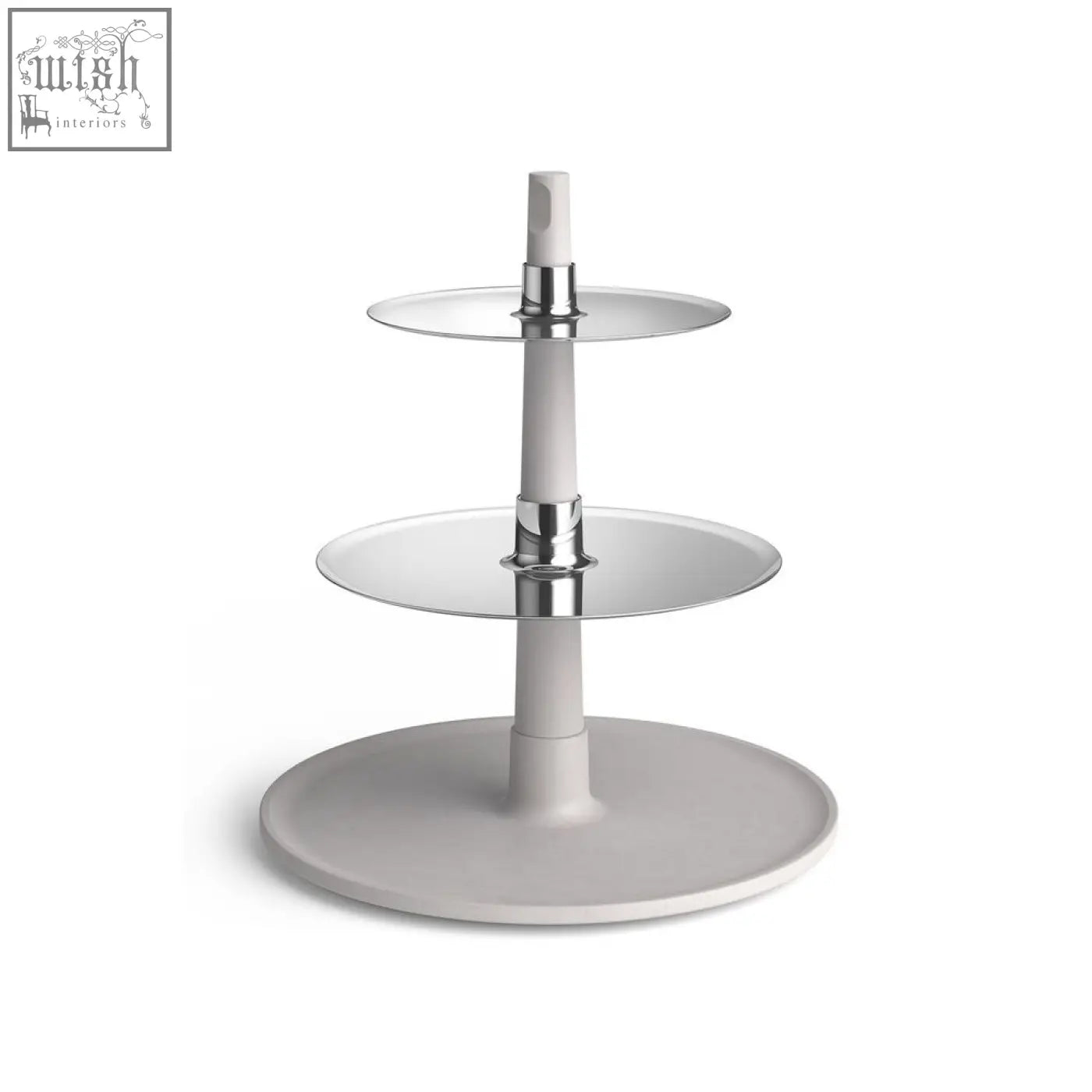 Modern three-tiered dessert stand with stainless steel plates and unsealed concrete column by zack patore