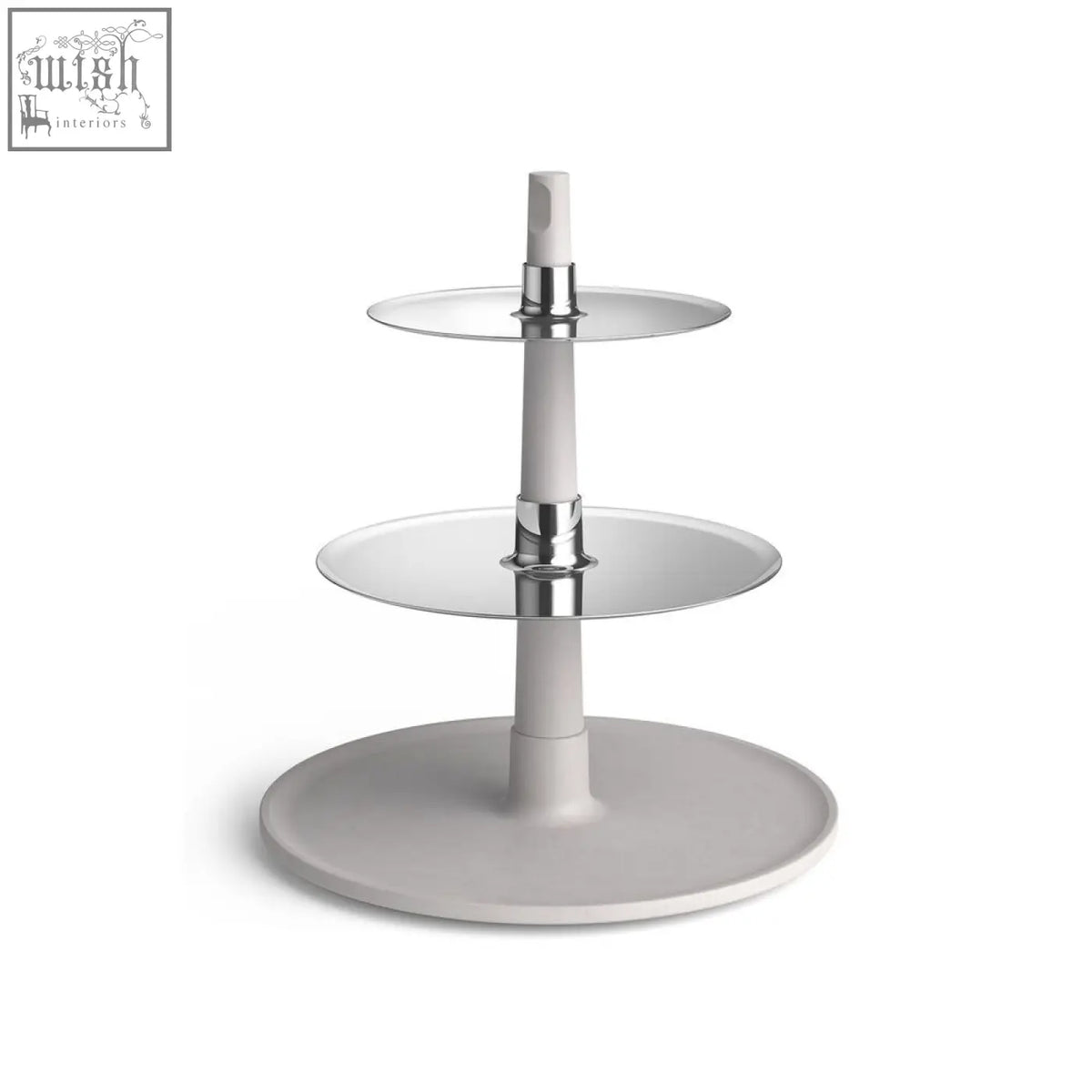 Modern three-tiered dessert stand with stainless steel plates and unsealed concrete column by zack patore