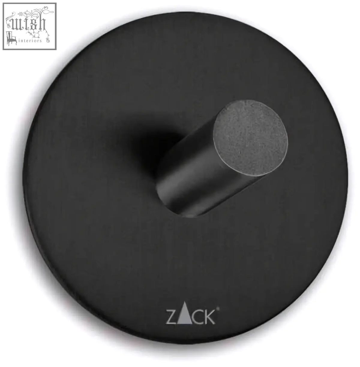 Black matte zack peco stainless steel towel hook with circular base and cylindrical peg for easy hanging