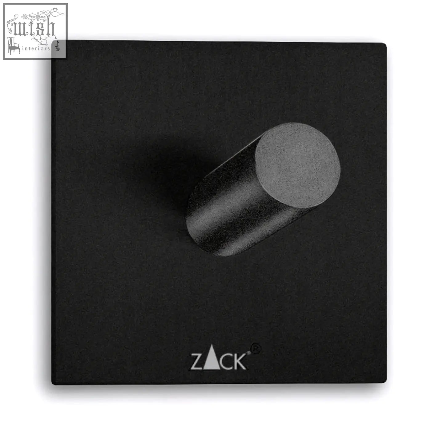 Black stainless steel zack peco towel hook with matte cylindrical design mounted on a square black plate
