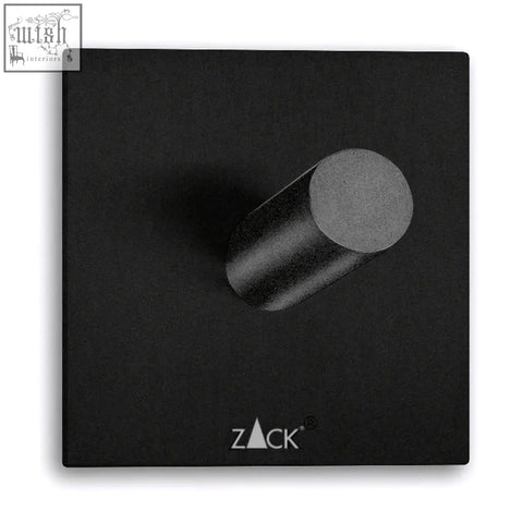 Black stainless steel zack peco towel hook with matte cylindrical design mounted on a square black plate