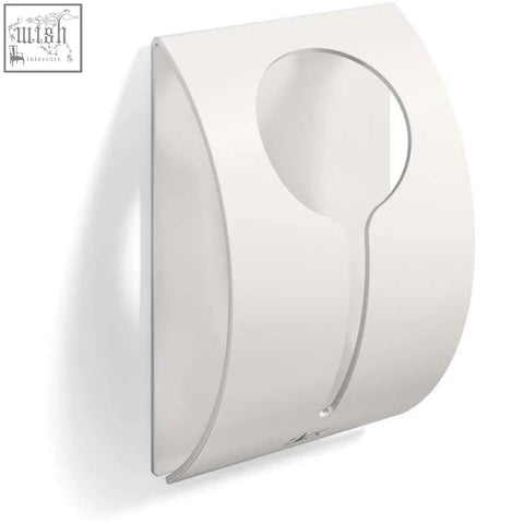 White sleek curved spoon holder shown with zack peco stainless steel towel clamp self-adhesive no drilling required