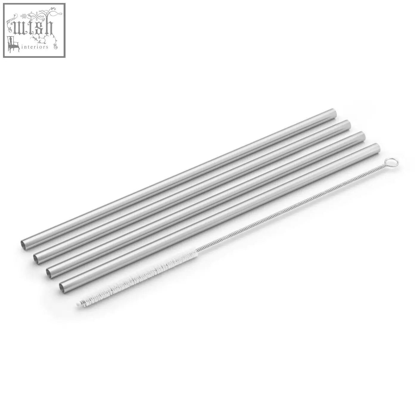 Set of five stainless steel matte brushed drinking straws with a metal cleaning brush for eco-luxury use