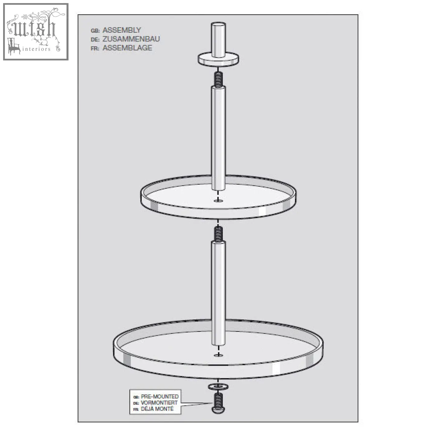 Three-tiered round cake stand with central support and pre-mounted screws in premium brushed stainless steel
