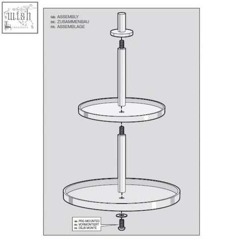 Three-tiered round cake stand with central support and pre-mounted screws in premium brushed stainless steel
