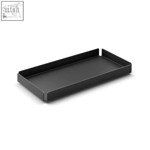Black rectangular potes tray with sleek minimalist design smooth edges made of stainless steel cosmetic tray