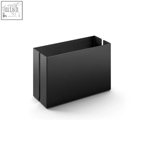 Black rectangular metal magazine rack with sleek, minimalist design.