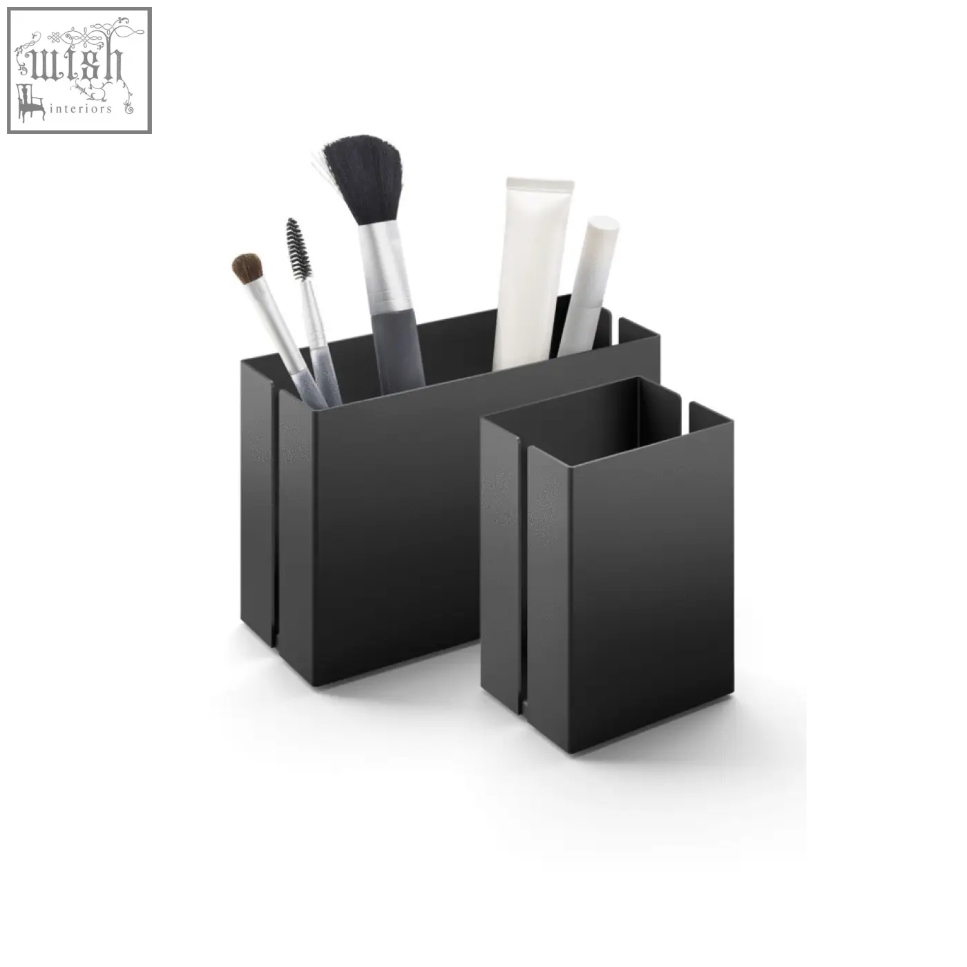 Black stainless steel makeup utensil box by Zack Potes with minimalist design and matte finish for brush storage