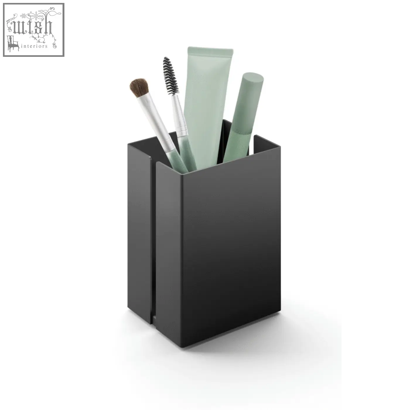 Black stainless steel makeup utensil box by zack potes with sleek minimalist design and 7.5 cm size