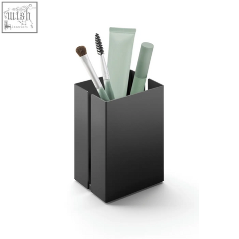 Black stainless steel makeup utensil box by zack potes with sleek minimalist design and 7.5 cm size