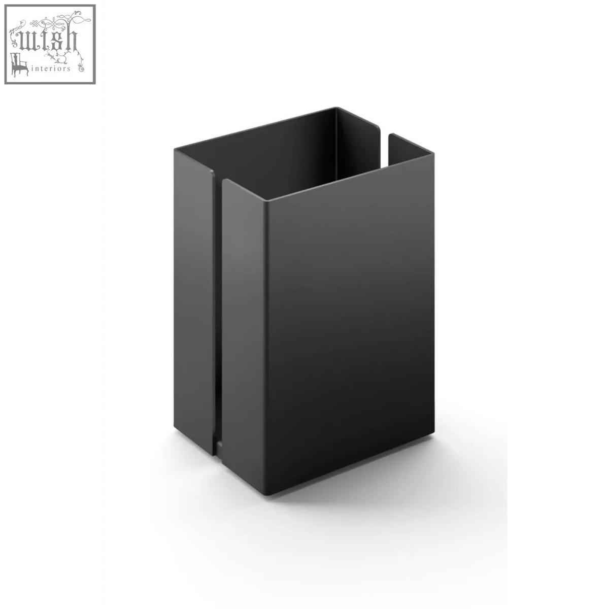 Black stainless steel makeup utensil box by Zack Potes with matte finish and minimalist rectangular design for stainless steel storage